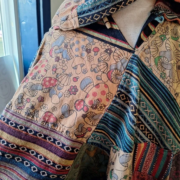 Kathmandu Imports Mushroom Patchwork Fringed Poncho, 100% Cotton, Size S/M? - Picture 4 of 14